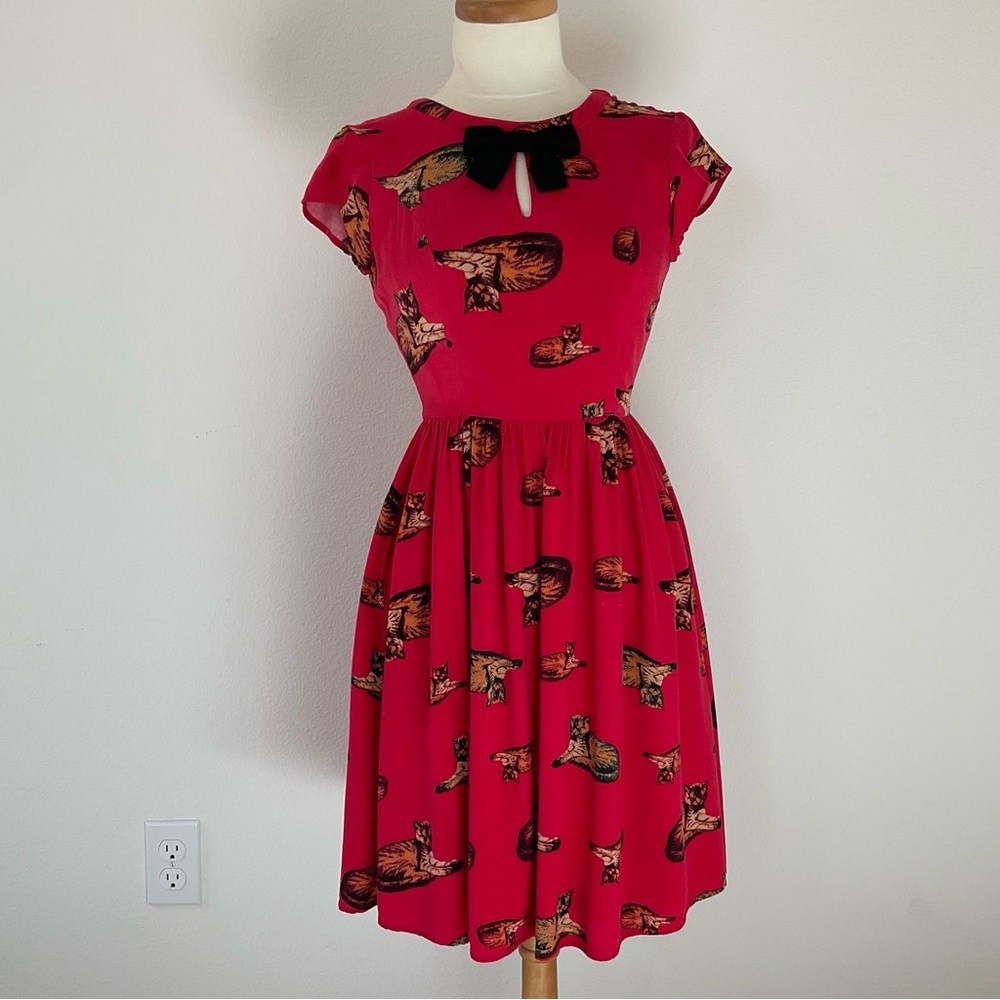 ModCloth Cat Print Fit & Flare Red Dress S
